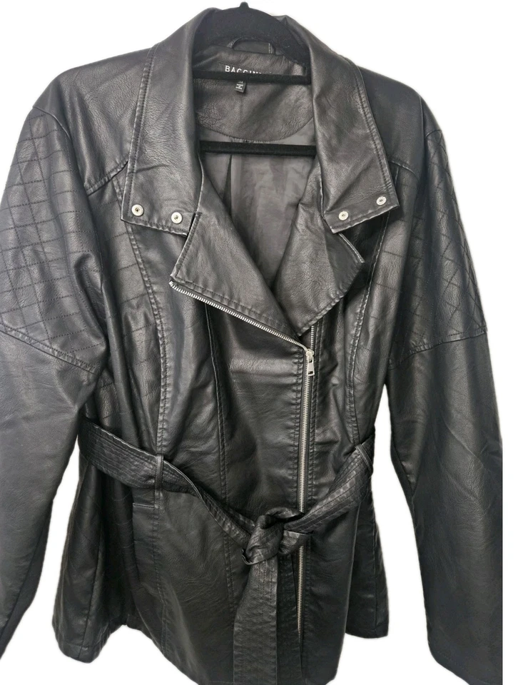 Chaqueta de motocicleta BACCINI negra para mujer Plus 3X con cinturón motociclista imitación cuero cremallera Foto 3 de 4