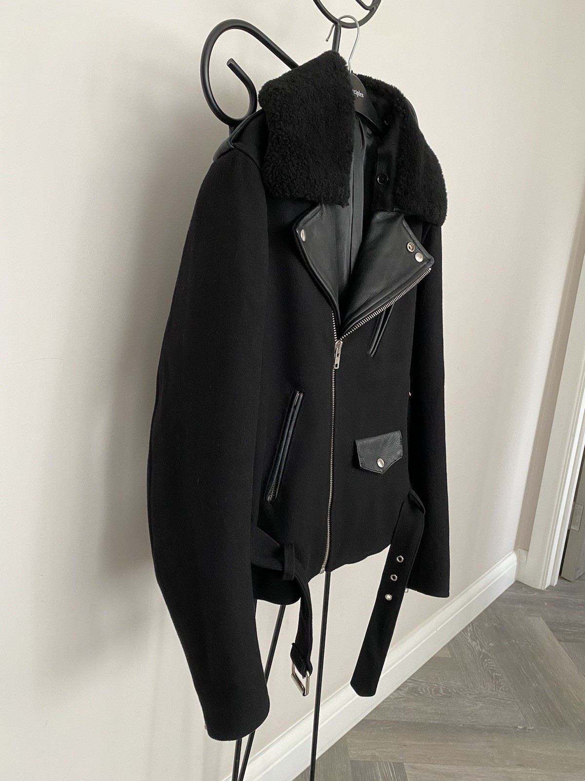 Sandro men black wool leather and shearing biker jacket M image 3