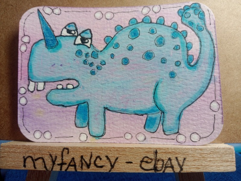 ACEO  ATC Dinosaur in Blue whimsical acrylic painting new 3.5" x 2.5" myfancy