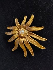 Vintage Sunflower Pearl A&C Signed Gold Tone Brooch Angus & Coote Maker