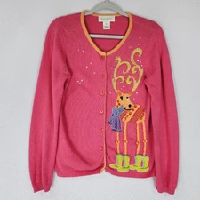 Susan Bristol Sweater Womens Medium Pink Vintage Christmas Embroidered Cardigan