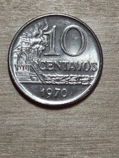 Brazil 10-centavos coin, 1970. KM# 578.2, copper-nickel. Industry. Liberty.