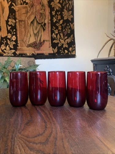 Vintage Ruby Red Anchor Hocking Glasses 12 oz Tumblers Roly Poly - Set Of 5