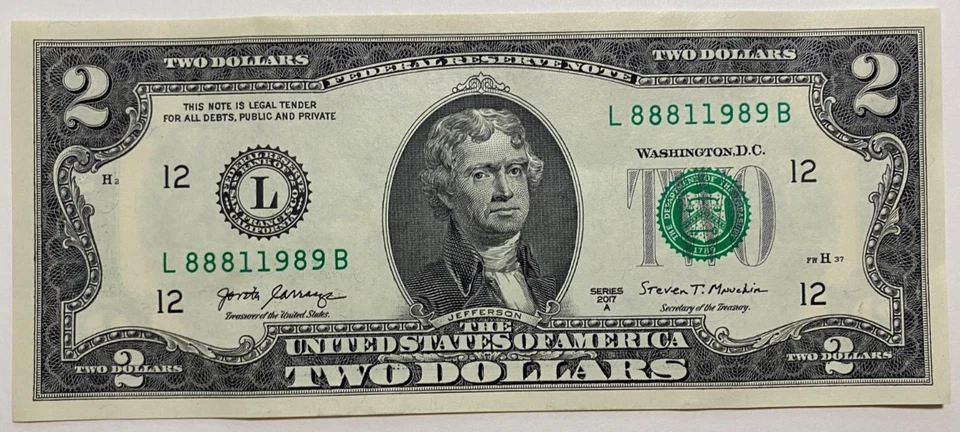 Billete de dos dólares B 1 de agosto de 1989 L 88811989 (__8/1/1989) *UNC* Foto 2 de 4