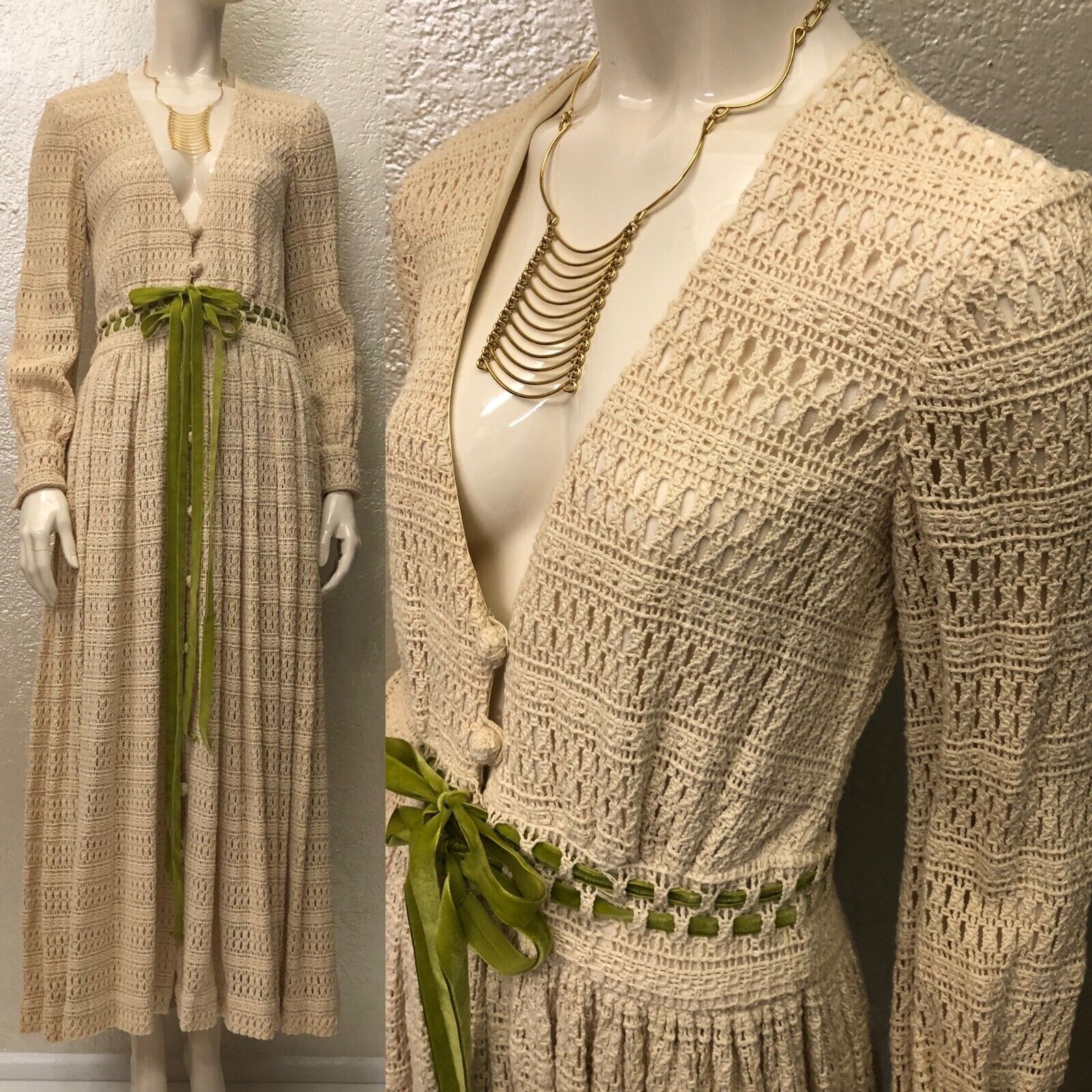 Vintage 1970's Ladies Ivory Crocheted Maxi Dress Green Velvet Belt Boho Hippy