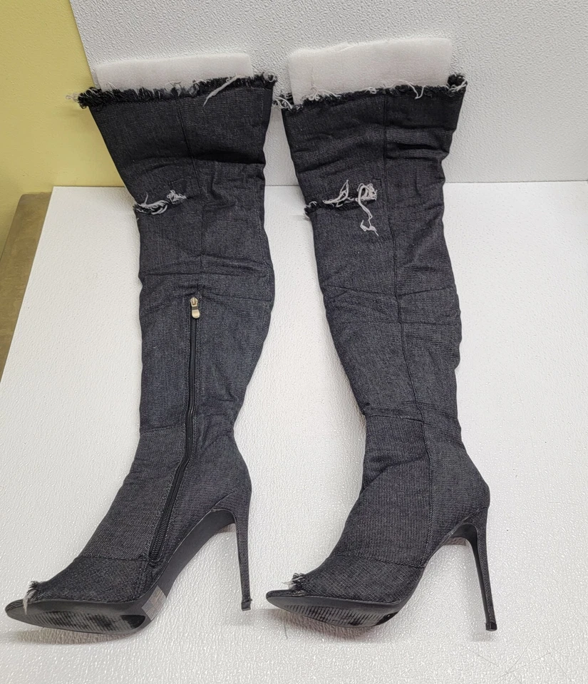 Bota Stiletto Feminina Liliana Barbara-13 Frayed PRETA DENIM Coxa Alta Peep Toe 9 - Imagem 2 de 4