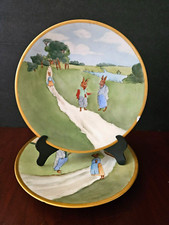 2 ANTIQUE J.P. LIMOGES FRANCE HAND PAINTED RABBITS BUNNY SCENES PLATES CHIPED