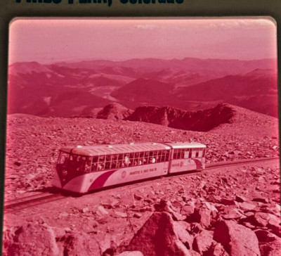 Rare Pikes Peak Mountain Colorado Cog Railway Nears Summit 35mm slide