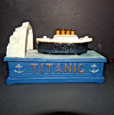 Titanic Ship Cast Iron Bank Mechanical Coin Toy Crasing Iceberg Spring Activated
