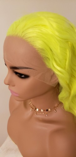 Lace Front Wig - Long Wavy Neon Yellow Human Hair Blend 13x3 T Part HD - Picture 7 of 9