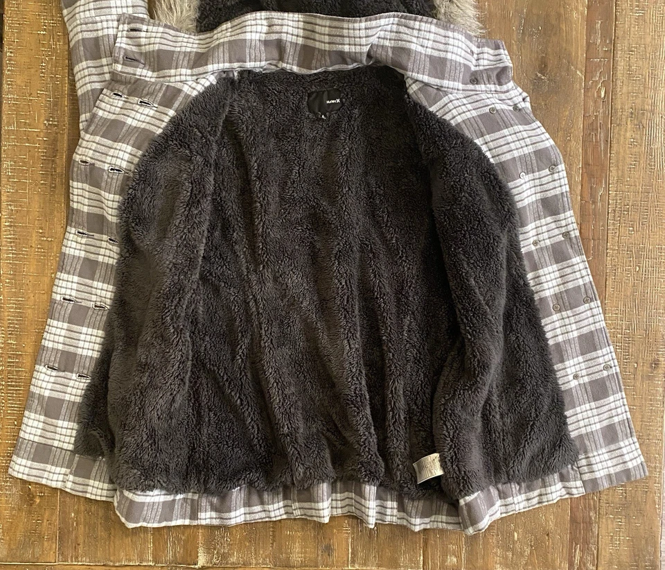 Abrigo con Capucha Hurley Para Mujer L Gris Azul A Cuadros Cálido Forrado Sherpa Capucha Extraíble Foto 4 de 4