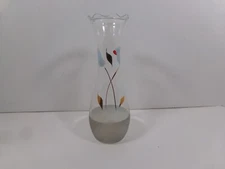 Vintage Hand-Painted Clear Glass Bud Vase w/Blue Flower, Green Leaf, Gold Trim