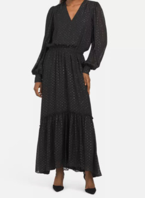 RAMY BROOK RORA METALLIC CLIP DOT V- NECK MAXI BLACK DRESS Size S MSRP 545