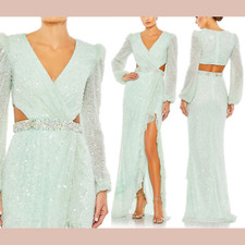 NWT Mac Duggal 4 5745 Sequined Faux Wrap Cut Out Puff Sleeve Gown Mint J1619
