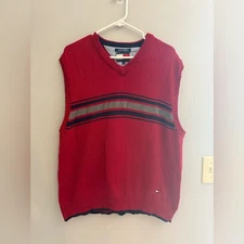 Tommy Hilfiger Knit Sweater Vest Mens SZ XL Red Navy Striped Logo Layering