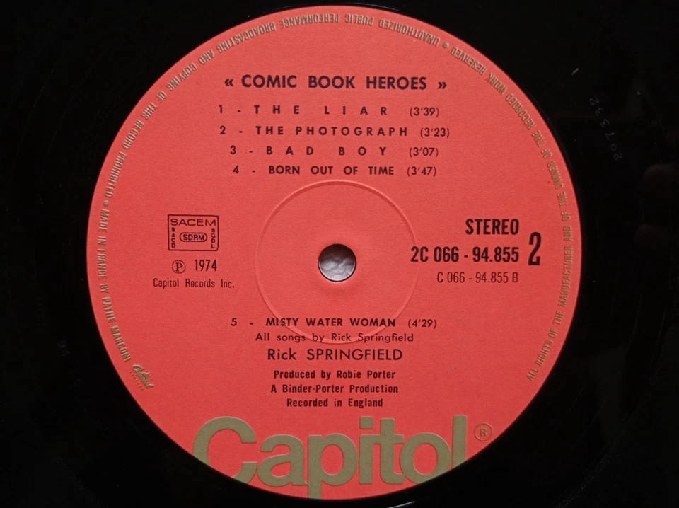 LP 33T RICK SPRINGFIELD "Comic Book Heroes" CAPITOL 2C066-94855 FRANCE 1973 ° - Photo 4/4