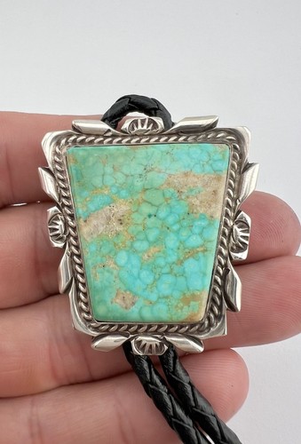 Vtg Billie Eagle Navajo Sterling Silver Carico Lake Turquoise Stamped Bolo Tie