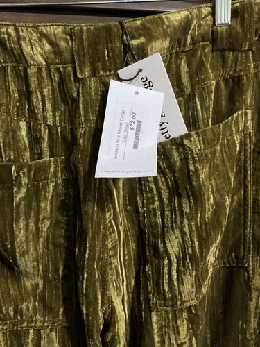 Pretty Garbage NWT Women’s Golden Olive Crushed Velvet Cargo Pants Sz Small - Picture 2 of 5