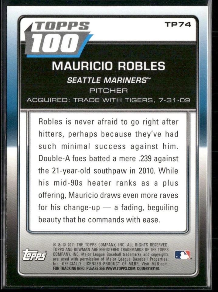Mauricio Robles 2011 Bowman Topps 100 Prospects #TP74 - Image 2 of 2