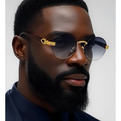 Rimless Sunglasses Oval Lens Wood Grain Arms Gold Accents Fashion Shades Retro