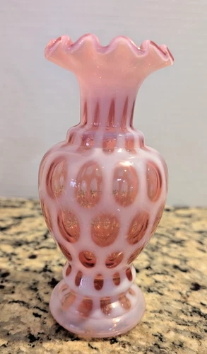 Vintage Fenton Cranberry Opalescent Coin Dot Ruffled  Top Art Glass Vase 6 1/2 "
