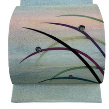 Fukuro Obi Signed Otaiko Pattern Gold Accent Foil Lawn Grass Light Green Silk