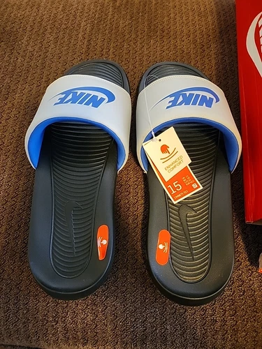 Sandalo uomo Nike Victori One Slide grigio blu royal nuovo con etichette morbida schiuma taglia 15!