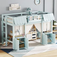 Twin Size Wood Loft Bed with Curved Roof/Bookshelf/Curtain/Storage Cabinet,Blue