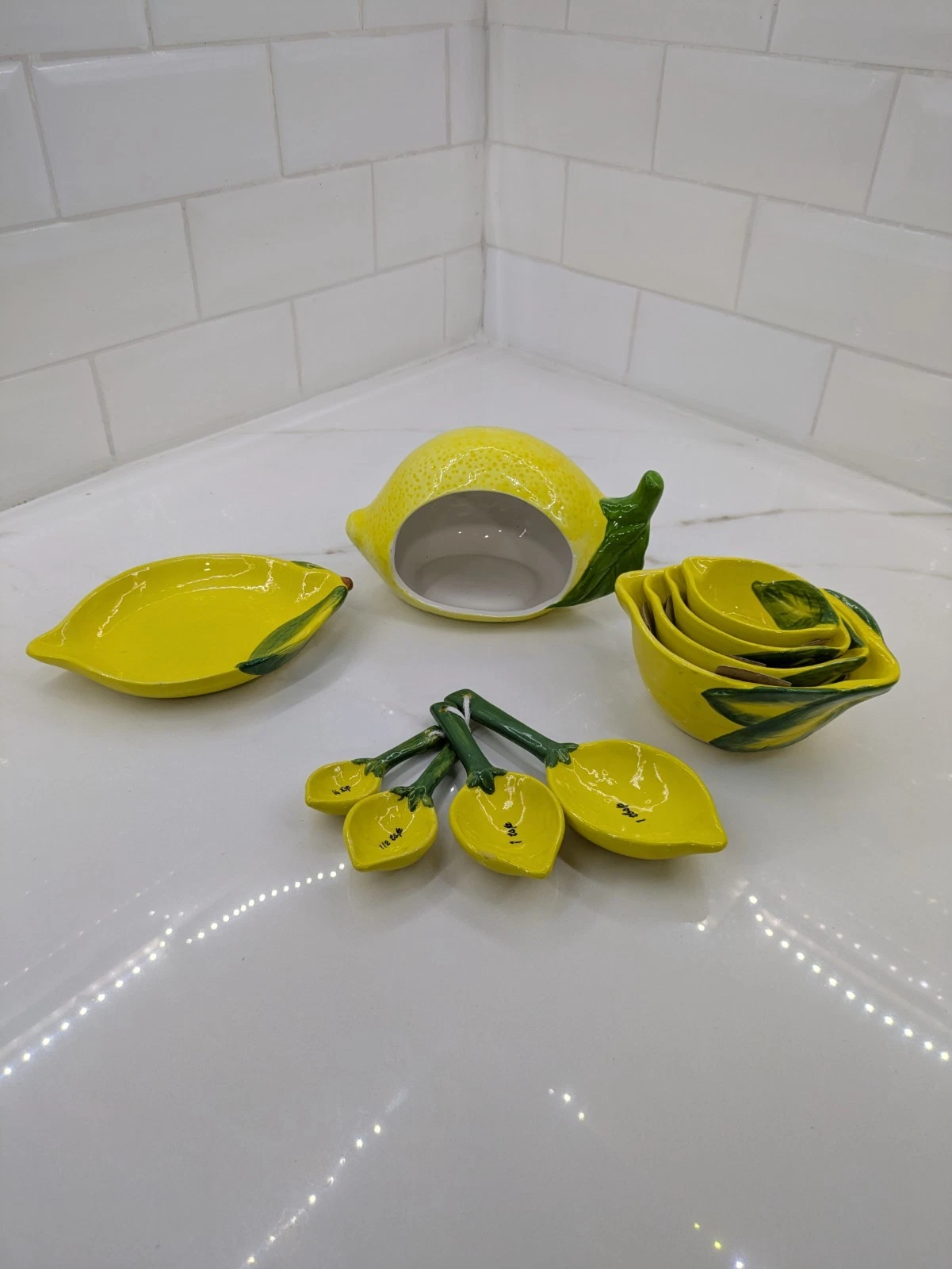 Lemon Orchard Ceramic Measuring Spoons Cups Sponge Holder + Dish Kitchen Set