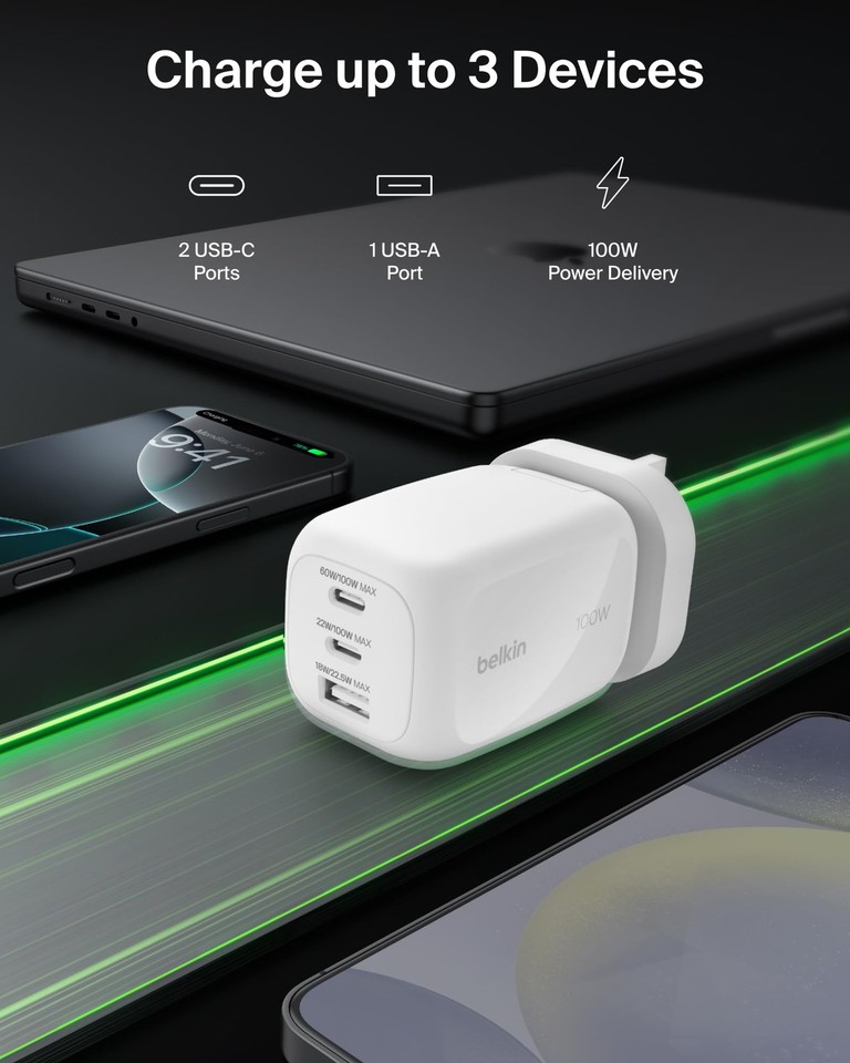 Nest Plug In Belkin 3-Port USB-C Plug 100W, GaN Wall Charger with 2x Compact, White ...
