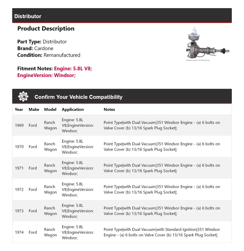 Ford Ranch Wagon 1969-1974 5,8 L V8 distribuidor Cardone 1970 1971 1972 1973 Foto 2 de 4