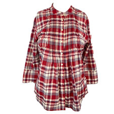 Guess Shirt Womens Sz XS Red Beige Plaid Long Sleeve Button Tie Waist Top