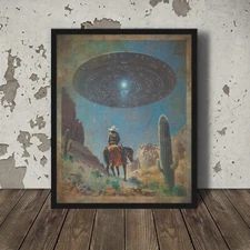 UFO COWBOY Wall Art, Vintage Western Alien Poster, Retro Sci-fi Cactus Flower
