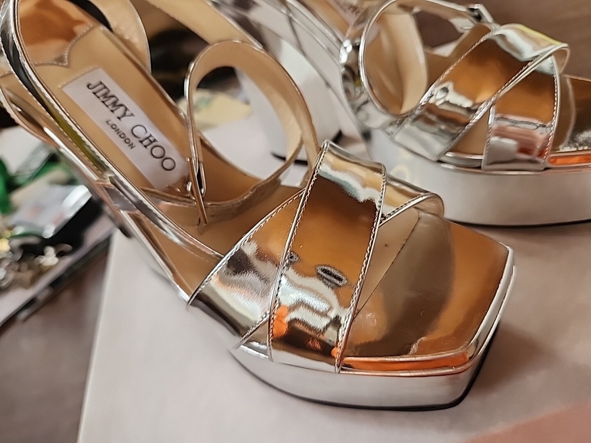 Jimmy Choo Gaia 140 Silver Liquid Metal Leather Platform Sandals 