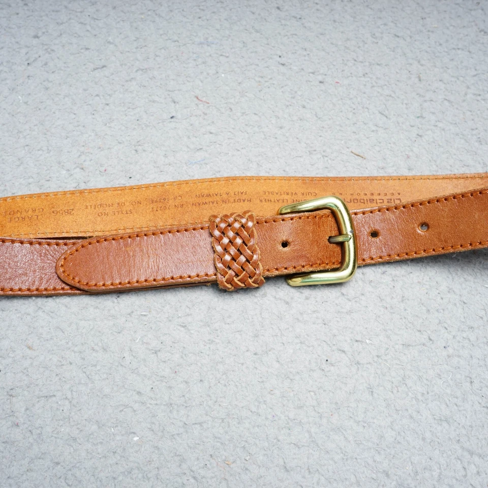 Cinto Liz Claiborne L couro marrom tecido de cesta fivela de latão anos 90 feminino - Imagem 2 de 4
