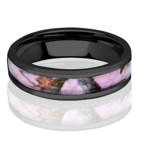 Titanium Black Real Oak Pink Tree Camo Rings for Women Mossy Forest Wedding Band - Picture 7 of 11