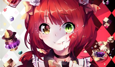 Anime girls heterochromia face closeup redhead blood Play Gaming Mat Desk