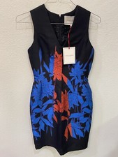 Carolina Herrera Sleeveless Floral Faille Shift Dress, Black Red Blue Size 6