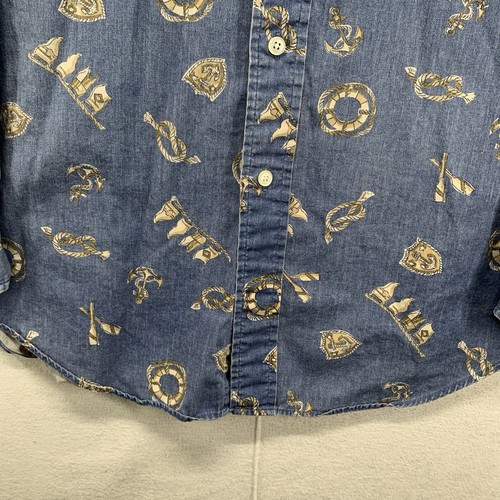 Vintage Nautica Medium Button Up Denim Jean Shirt Chambray All Over Print Soft - Picture 7 of 17