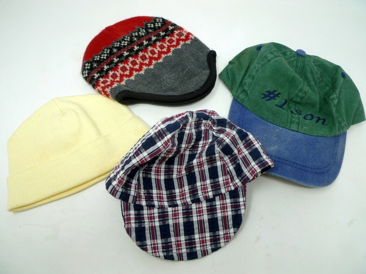 Lot Infant Hats Plaid Cap Acrylic Knit Yellow Beanie Jat's #1 Son Cap