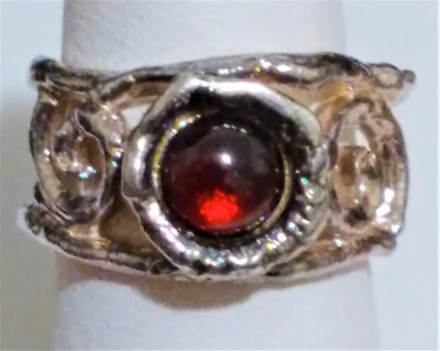 Fine Silver Egyptian Band Ring with Polished Garnet