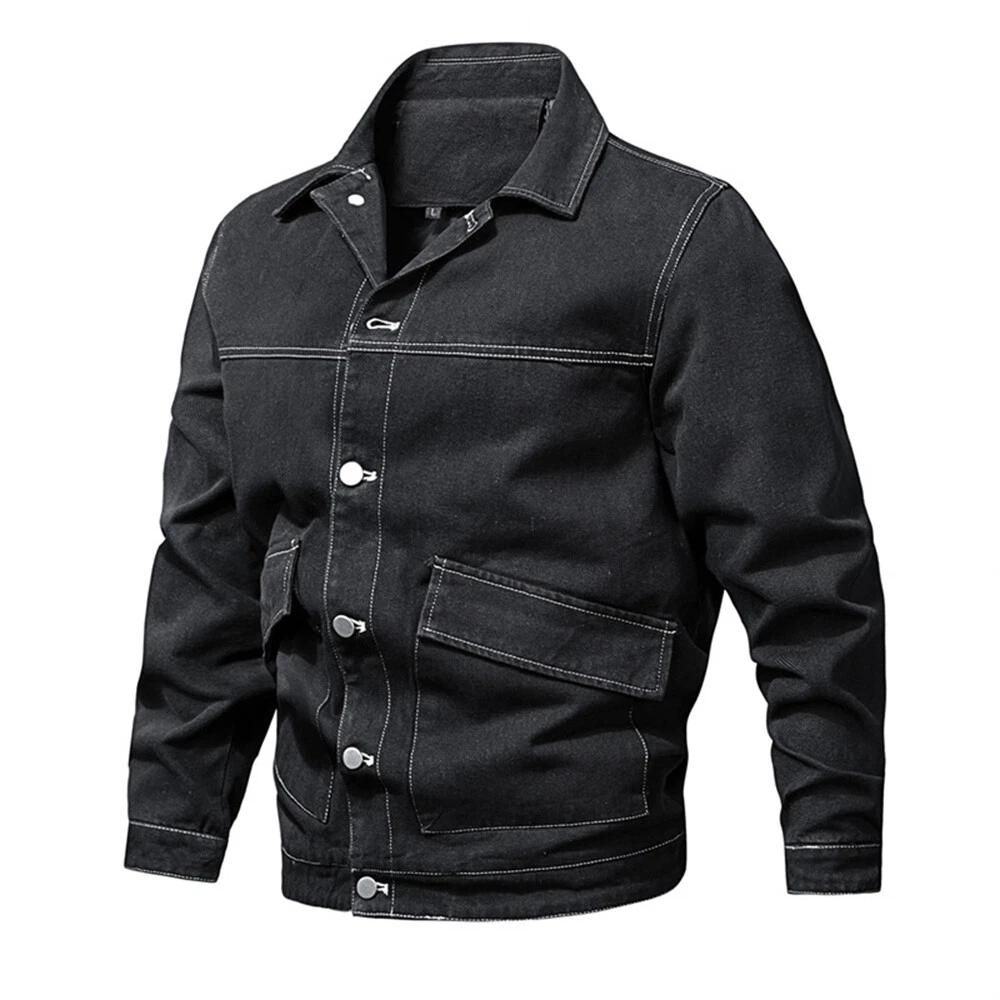 Mens Denim Jacket Jean Coat Loose Casual Clothing Long Sleeve Buttons