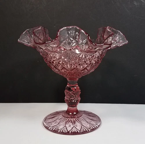 Vintage Fenton Glass Pink Fine Cut and Block Pedestal Compote Candy Dish Bowl