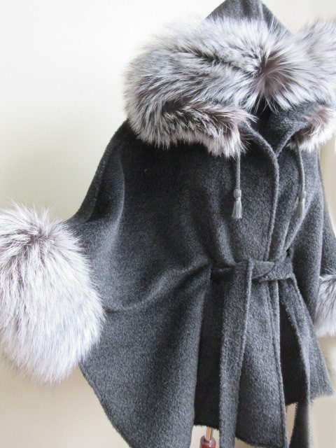 Women's New Charcoal Gray Alpaca Hooded Cape with Silver Fox Fur Trims image 3