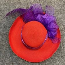 Vintage All Dolled Up Red Wide Brim Sun Hat Purple Feathers Bow Kentucky Derby