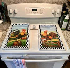 Vintage 2002 Rooster Burner Covers 2 Enamel Metal Stove Top Farm Barn Harvest