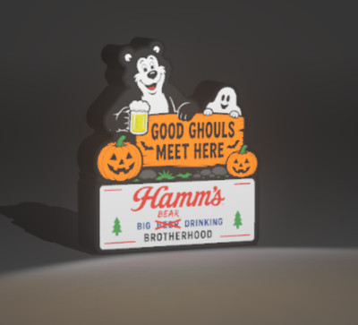 Hamms Beer Bear Ghost Halloween Advertising 3D Printed LED Light-Up Sign 9''