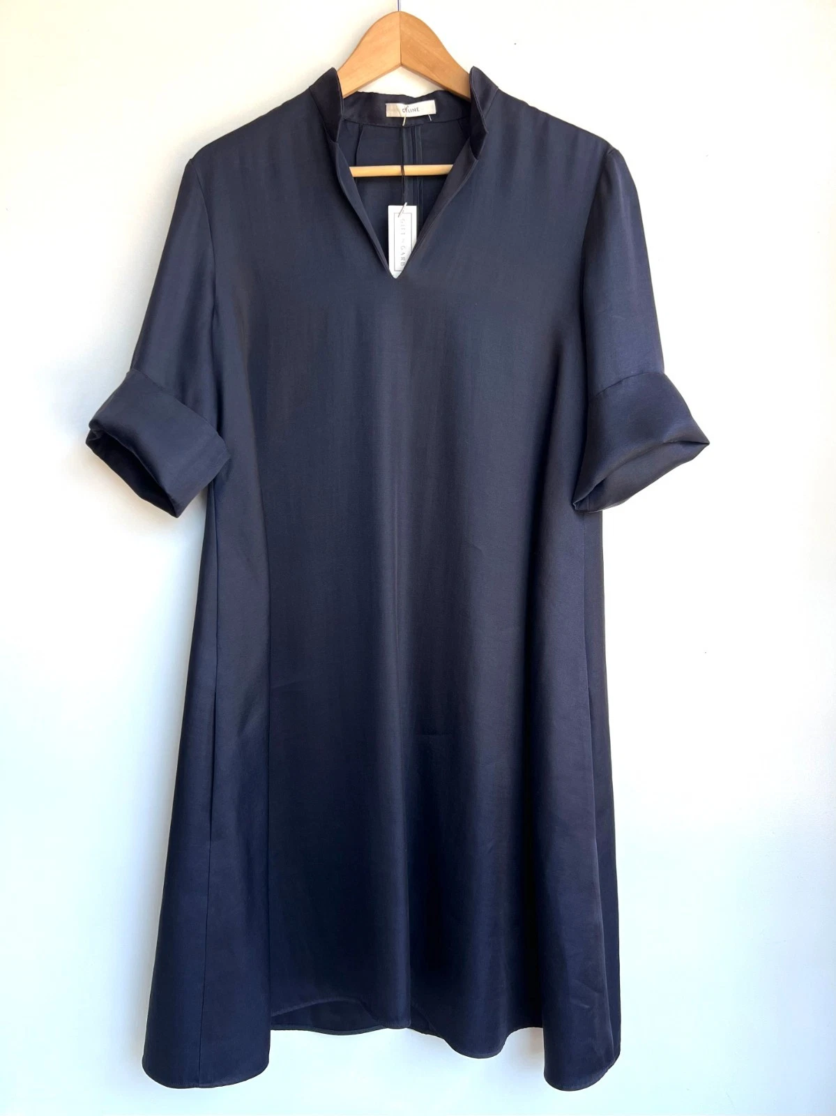 Abito CELINE blu navy scuro scollo a V manica a 3 4 polsini lunghezza ginocchio linea A 40 8