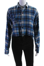 Riley Womens Plaid Cropped Button Down Shirt Blue Size Medium