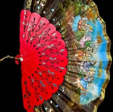 Fine Antique Late 19th MUSEUM Quality European Hand Painted Carved Fan Ca 1850